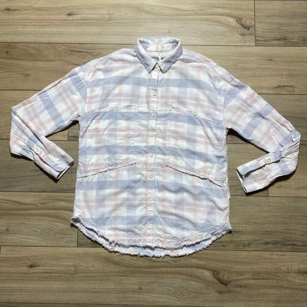 Free People Womens Loveland Pastel Plaid‎ Frayed Hem Button Up Shirt Size Small